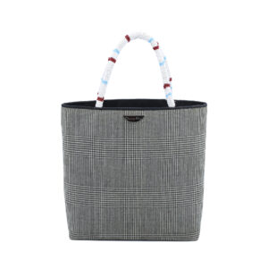 Black and White Plaid Tote Bag with Beaded Handles