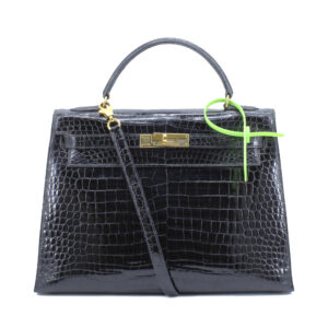Kelly 32 Croc Porosus Black Shiny Sellier GHW