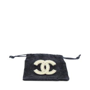 Brooch Gold Metal and Pearl Resin Interlocking CC Emblem