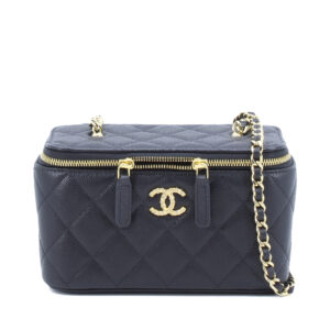 Small Vanity Case CC Gold Crystal Twisted with Chain Black Caviar GHW