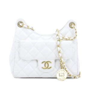 Shiny Crumpled Calfskin Quilted Small Wavy CC Hobo White Pearl